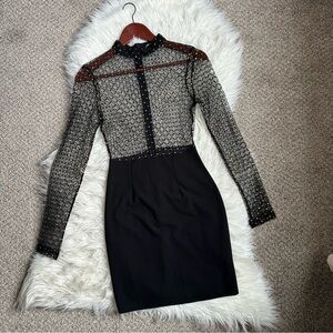 PrettyLittleThing Black Sheer Lace Yoke Long Sleeve Bodycon Dress Size 2